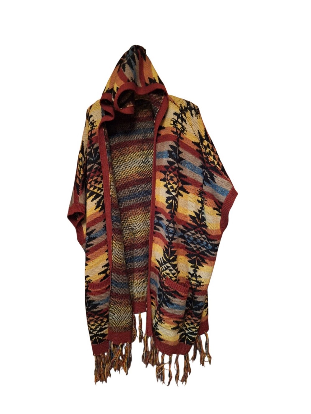 American Eagle Open Aztec Fringed Sweater Ladies Large / XL Hooded Sleeveless